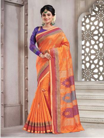 Add This Pretty Rich And Elegant Looking Saree In Orange Color Paired With Contrasting Purple Colored Blouse. This Saree And Blouse are Handloom Silk Based Beautified With Weave. Buy This Saree Now.