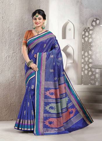 Celebrate This Festive Season With Beauty And Comfort Wearing This Pretty Saree In Blue Color Paired With Brown Colored Blouse. This Saree And Blouse Are Fabricated On Handloom Silk Which Is Light Weight, Durable And Easy To Carry All Day Long. 