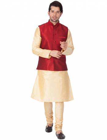 Here Is A Rich And Decent Looking Readymade Pair Of Men's Kurta Pyjama In Cream Color Paired With Red Colored Jacket. This Kurta And Pyjama Are Fabricated On Cotton Silk Paired With Art Silk Fabricated Jacket. Buy This Pair For The Upcoming Wedding And Festive Season. 