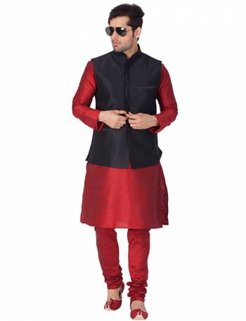 Here Is A Rich And Decent Looking Readymade Pair Of Men's Kurta Pyjama In Red Color Paired With Black Colored Jacket. This Kurta And Pyjama Are Fabricated On Cotton Silk Paired With Art Silk Fabricated Jacket. Buy This Pair For The Upcoming Wedding And Festive Season. 