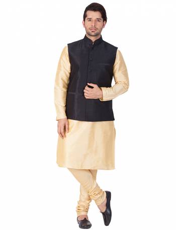 Here Is A Rich And Decent Looking Readymade Pair Of Men's Kurta Pyjama In Cream Color Paired With Black Colored Jacket. This Kurta And Pyjama Are Fabricated On Cotton Silk Paired With Art Silk Fabricated Jacket. Buy This Pair For The Upcoming Wedding And Festive Season. 