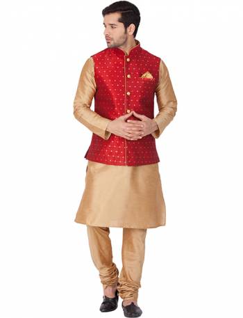 Here Is A Rich And Decent Looking Readymade Pair Of Men's Kurta Pyjama In Beige Color Paired With Red Colored Jacket. This Kurta And Pyjama Are Fabricated On Cotton Silk Paired With Jacquard Silk Fabricated Jacket. Buy This Pair For The Upcoming Wedding And Festive Season. 