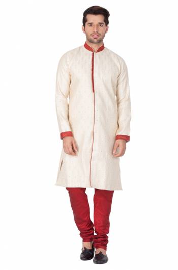 This Festive And Wedding Season Adorn A Proper Traditional Look Wearing?This Designer Readymade Sherwani With Bottom Which Is Cotton Silk Based. Its Fabric Has Rich Feel And Light In Weight, Also It Is Available In All Sizes. Choose As Per Your Desired Fit And Comfort. Buy Now.