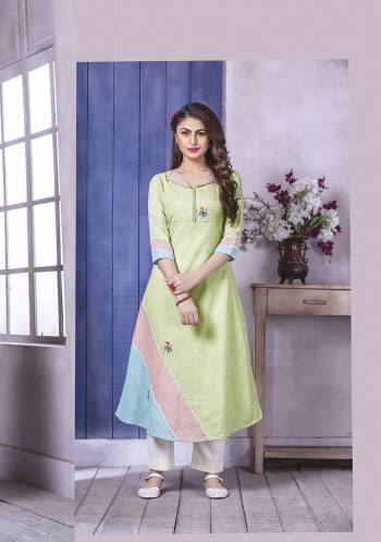 Celebrate This Festive Season Wearing This Designer Readymade Kurti In Light Green color Fabricated on Linen. Its Lovely Color Pallete And A-Line Pattern Will Earn You Lots Of Compliments From Onlookers. 