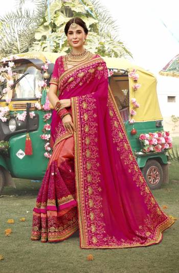 Catch All The Limelight At the Next Wedding You Attend Wearing This Heavy Designer Saree In Rani Pink And Orange Color Paired With Rani Pink Colored Blouse. This Saree And Blouse Are Silk Based Which Gives A Rich Look To Your Personality. 