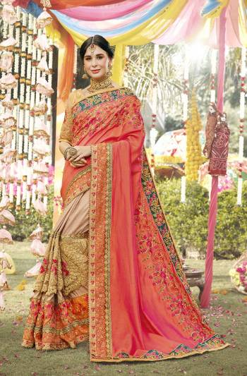 Look Beautiful In This Heavy Designer Saree In Orange And Beige Color Paired With Beige Colored Blouse. This Saree Is Fabricated On Soft Silk Paired With Art Silk And Net Fabricated Blouse. It Is Beautified With Heavy Embroidery, This Saree Is Suitable For Weddings And Festive. 