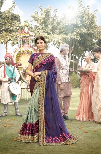 Catch All The Limelight At the Next Wedding You Attend Wearing This Heavy Designer Saree In Violet And Aqua Blue Color Paired With Violet Colored Blouse. This Saree Is Fabricated On Cotton Silk And Chiffon Paired With Art Silk Fabricated Blouse. Buy Now.