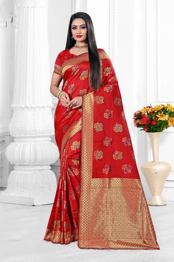 Here Is A Beautiful Designer Silk Based Saree In Red Color. This Pretty Floral Patterned Saree Is Fabricated On Banarasi Art Silk Paired With Art Silk Fabricated Blouse. Buy This Saree Now.