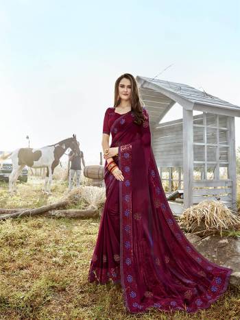 Shine Bright Wearing This Designer  Saree In Lovely Wine Color. This Saree Is Satin Georgette Based Paired With Art Silk Fabricated Blouse. Buy This Designer Piece Now.