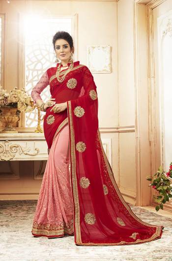 Look Beautiful Wearing This Designer Saree In Red And Pink Color. This Heavy Embroidered Saree Is Fabricated On Georgette Paired With Art Silk And Net Fabricated Blouse. Its Pretty Colors And Embroidery Will Earn You Lots Of Compliments From Onlookers. 