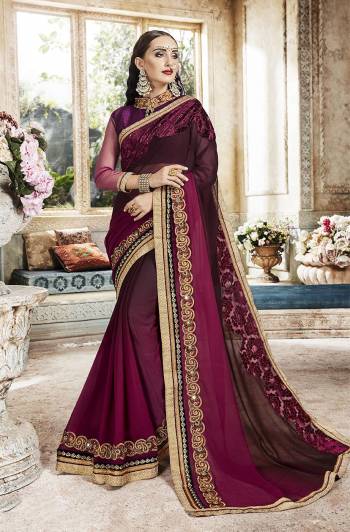 Bright And Visually Appealing Color Is Here With This Designer Saree In Wine Color. This Saree Is Fabricated On Georgette And Fancy Net Paired With Art Silk And Net Fabricated Blouse. Buy Now.