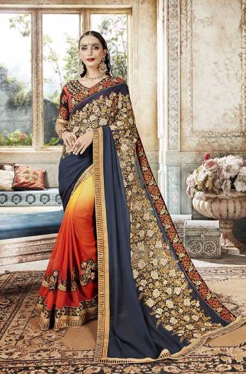Look Beautiful Wearing This Designer Saree In Blue And Orange Color. This Heavy Embroidered Saree Is Fabricated On Georgette Paired With Art Silk And Velvet Fabricated Blouse. Its Pretty Colors And Embroidery Will Earn You Lots Of Compliments From Onlookers. 