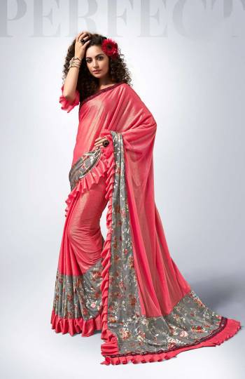 Here Is A Trending Frill Pattern Designer Saree In Pink Color?Paired With Pink Colored Blouse. This Saree Is Fabricated On Lycra Paired With Art Silk Fabricated Blouse. It Is Beautified With Frill And Lace Border.