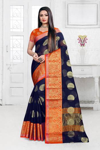 Celebrate This Festive Season Wearing This Designer Silk Based Saree In Navy Blue Color. This Saree Is Fabricated On Cotton Silk Paired with Art Silk Fabricated Blouse Beautified With Weave. It Is Light Weight, Durable And Easy To Carry All Day Long. Buy Now