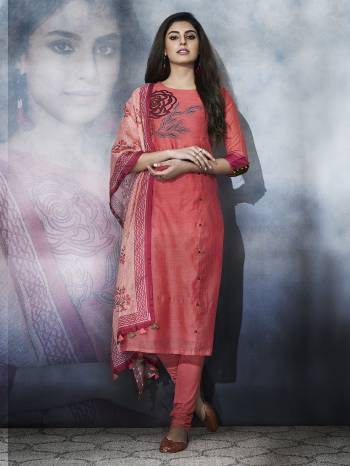 Look Pretty In Shades Of Pink With This Designer Readymade Suit In Old Rose Pink Color Paired With Peach Colored Dupatta. Its Readymade Top Is Cotton Based Paired With Readymade Cambric Cotton Fabricated Chudidar And Chanderi Cotton Dupatta. 