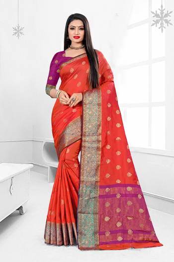 Here Is A Beautiful Designer Silk Based Saree In Orange Color. This Pretty Floral Patterned Saree Is Fabricated On Banarasi Art Silk Paired With Art Silk Fabricated Blouse. Buy This Saree Now.