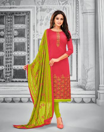 Rich And Elegant Looking Designer Dress Material Is Here For Your Semi-Casual Wear In Dark Pink Colored Top Paired With Parrot Green Colored Bottom And Dupatta. Its Top And Bottom Are Cotton Based Paired With Chiffon Fabricated Dupatta. Buy Now.