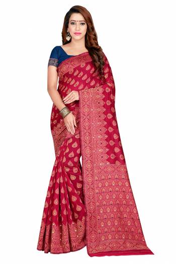 Flaunt Your Rich And Elegant Wearing This Pretty Attractive Weaved Saree. This Saree And Blouse Are Fabricated On Banarasi Art Cotton Beautified Weave All Over. It Is Light Weight and Easy To Drape.