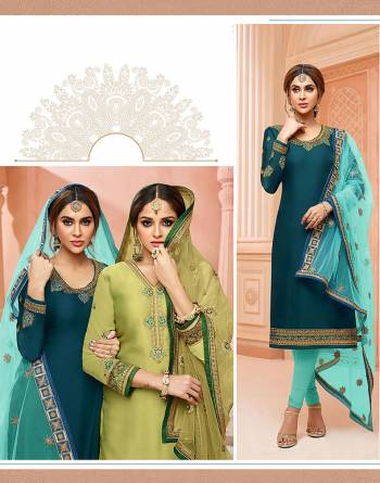 Add This Beautiful Designer Lehenga Suit To Your Wardrobe In Teal Blue Colored Top Paired With Sky Blue Colored Bottom, Lehenga And Dupatta. Its Top Is Fabricated On Satin Georgette Paired With Santoon Bottom And Net Fabricated Lehenga And Dupatta. 