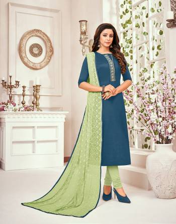 Look Pretty Wearing This Lovely Straight Suit In Blue Colored Top Paired With Contrasting Light Green Colored Bottom And Dupatta. Its top Is Chinon Silk Based Paired With Santoon Bottom And Chiffon Fabricated Dupatta. Buy Now.