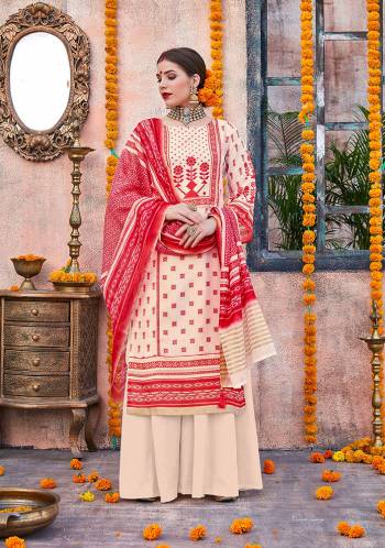 Flaunt Your Rich and Elegant Taste Wearing This Designer Suit In Cream And Red Color. Its Top Is Fabricated On Linen Paired With Cotton Fabricated Bottom And Chanderi Fabricated Dupatta. This Pretty Suit Is Suitable For Your Semi-Casuals Or Festive Wear. 