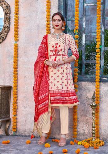 Flaunt Your Rich and Elegant Taste Wearing This Designer Suit In Cream And Red Color. Its Top Is Fabricated On Linen Paired With Cotton Fabricated Bottom And Chanderi Fabricated Dupatta. This Pretty Suit Is Suitable For Your Semi-Casuals Or Festive Wear. 