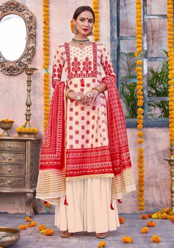 Flaunt Your Rich and Elegant Taste Wearing This Designer Suit In Cream And Red Color. Its Top Is Fabricated On Linen Paired With Cotton Fabricated Bottom And Chanderi Fabricated Dupatta. This Pretty Suit Is Suitable For Your Semi-Casuals Or Festive Wear. 