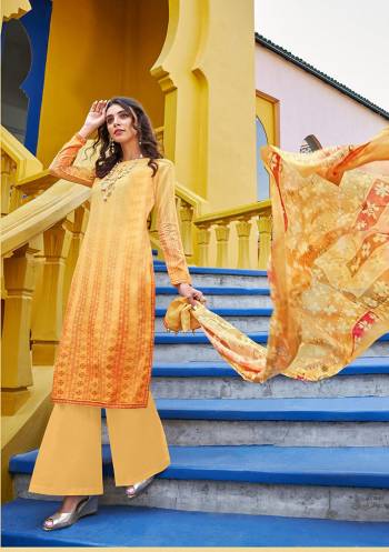 Grab This Lovely Designer Straight Suit For Your Festive Wear Or Semi-Casual Wear In Yellow Color. Its Top Is Fabricated On Georgette Silk Paired With Nylon Bottom And Super Net Fabricated Dupatta. It Is Beautified With Printed And Thread Embroidery. Also It Is Light Weight And Easy To Carry All Day Long. 