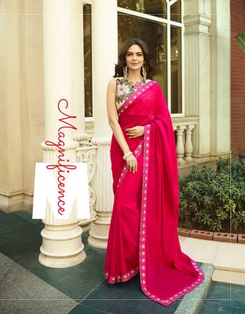 Shine Bright Wearing This Attractive Designer Saree In Rani Pink Color Paired With Cream Colored Blouse. This Saree And Blouse Are Silk Based With Deatiled Thread Work. 