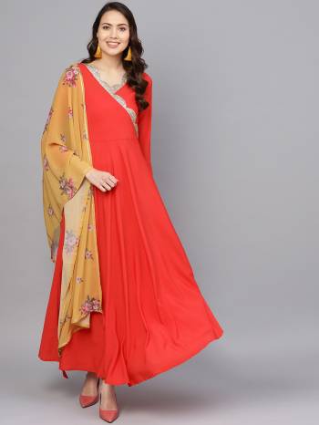 Grab This Beautiful Pair Of Readymade Gown In Red Color Paired With Musturd Yellow Colored Digital Printed Dupatta. This Pretty Gown Is Crepe Based Paired With Georgette Fabricated Dupatta. It Is Available In All Regular Sizes And its Fabric Ensures Superb Comfort all Day Long. 