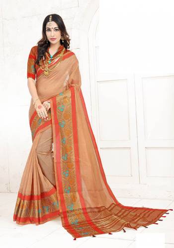 Adorn A Proper Traditional Look This Festive Season Wearing This Pretty Saree In Peach Color Paired With Rust Orange Colored Blouse. This Saree Is Fabricated on Cotton Silk Paired With Art Silk Fabricated Blouse. Buy This Lovely Saree Now