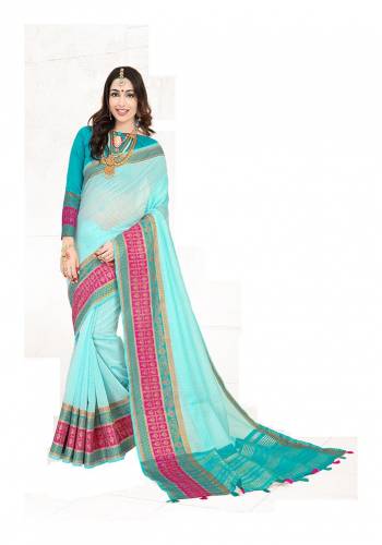 Shine Bright Wearing This Attractive Looking Saree In Aqua Blue Color Paired With Blue Colored Blouse. This Saree Is Fabricated On Cotton Silk Paired With Art Silk Fabricated Blouse. Buy This Saree Now.