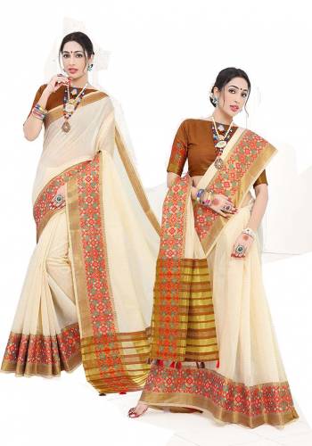 Adorn A Proper Traditional Look This Festive Season Wearing This Pretty Saree In Cream Color Paired With Brown Colored Blouse. This Saree Is Fabricated on Cotton Silk Paired With Art Silk Fabricated Blouse. Buy This Lovely Saree Now