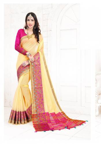 Celebrate This Festive Season Wearing This Designer Silk Based Saree In Yellow Color. This Saree Is Fabricated On Cotton Silk Paired with Art Silk Fabricated Blouse Beautified With Weave. It Is Light Weight, Durable And Easy To Carry All Day Long. Buy Now?