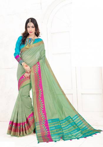 Shine Bright Wearing This Attractive Looking Saree In Mint Green Color Paired With Blue Colored Blouse. This Saree Is Fabricated On Cotton Silk Paired With Art Silk Fabricated Blouse. Buy This Saree Now.