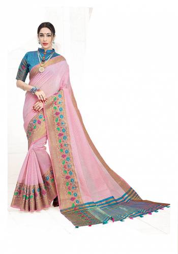 Enhance Your Personality Wearing This Silk Based Saree In Pink Color Paired With Blue Colored Blouse. This Pretty Weaved Saree Is Fabricated On Cotton Silk Paired With Art Silk Fabricated Blouse. Buy Now