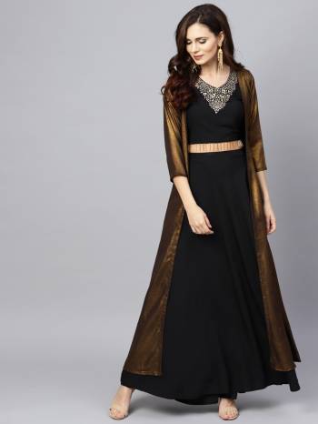 Grab This Bold And Beautiful Look Readymade Indo-Western Pair In Black Colored Top And Bottom Paired With Copper Colored Shrug. This Pair Is Crepe paired Based With Georgette Fabricated Shrug. 