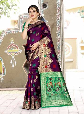 Grab This Designer Silk Based Saree In Purple Color Paired With Contrasting Sea Green Colored Blouse. This Saree And Blouse Are Fabricated On Banarasi Art Silk Beautified With Weave All Over. Buy Now.
