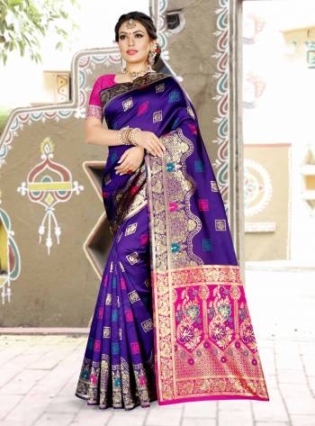 Grab This Designer Silk Based Saree In Violet Color Paired With Contrasting Rani Pink Colored Blouse. This Saree And Blouse Are Fabricated On Banarasi Art Silk Beautified With Weave All Over. Buy Now.