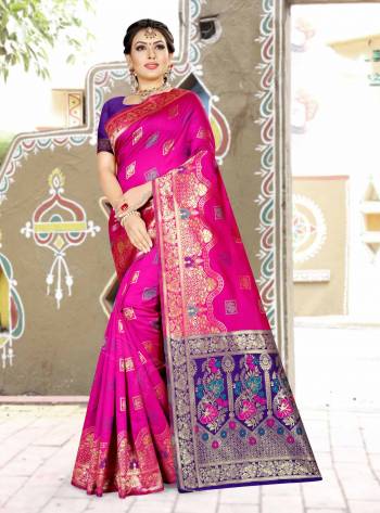Grab This Designer Silk Based Saree In Rani Pink Color Paired With Contrasting Purple Colored Blouse. This Saree And Blouse Are Fabricated On Banarasi Art Silk Beautified With Weave All Over. Buy Now.