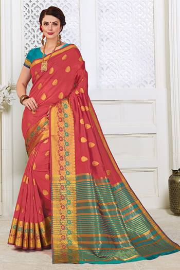 Here Is A Very Pretty Designer Silk based Saree In Old Rose Pink Color Paired With Contrasting Blue Colored Blouse . This Lovely Weaved Saree Is Fabricated On Cotton Silk Paired With Art Silk Fabricated Blouse. It Is Light Weight, Durable And Easy To Carry All Day Long. 