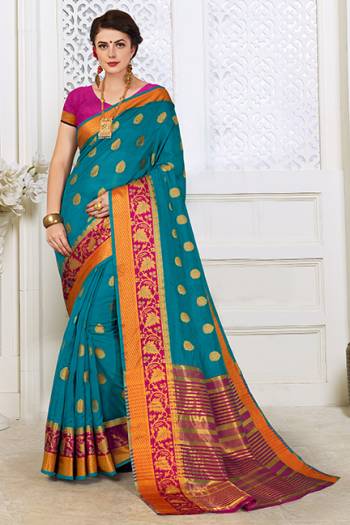 Celebrate This Festive Season With Beauty And Comfort In This Lovely Blue Color Saree Paired With Contrasting Rani Pink Colored Blouse. This Saree Is Cotton Silk Based Paired with Art Silk Fabricated Blouse. Buy This Lovely Weaved Saree Now.