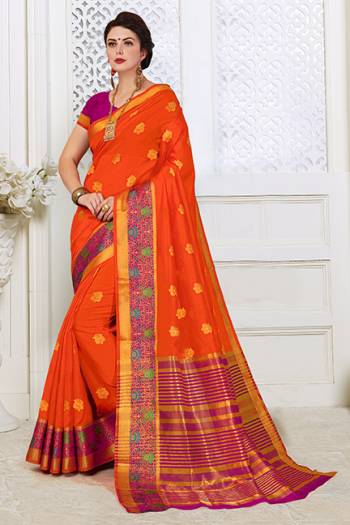 Shine Bright In This Beautiful Designer Silk Based Saree With A Traditonal Touch In Orange Color Paired With Contrasting Magenta Pink Colored Blouse. This Saree Is Fabricated On Cotton Silk Paired With Art Silk Fabricated Blouse. Buy Now.