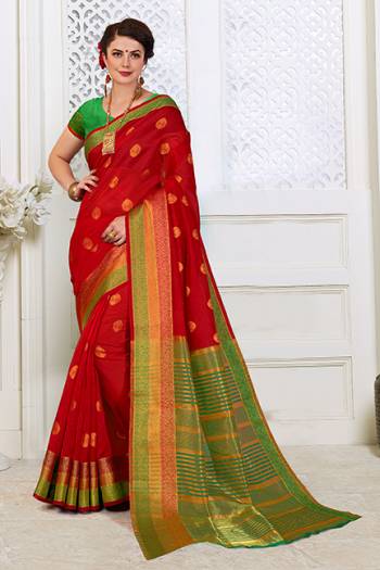 Shine Bright In This Beautiful Designer Silk Based Saree With A Traditonal Touch In Red Color Paired With Contrasting Green Colored Blouse. This Saree Is Fabricated On Cotton Silk Paired With Art Silk Fabricated Blouse. Buy Now.