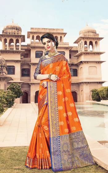 Celebrate This Festive Season In A Very Elegant Look With This Silk?Based Orange Colored Saree. This Saree IS Fabricated On Handloom Cotton Silk Paired With Jacquard Silk Fabricated Blouse