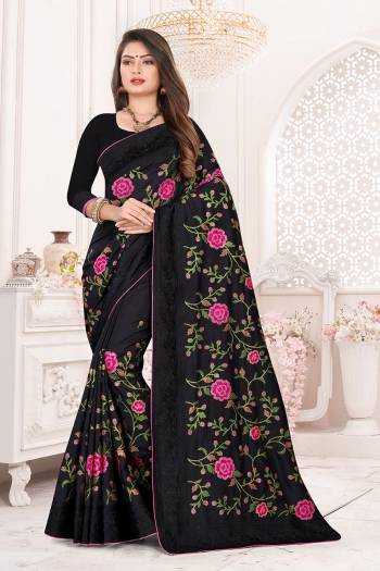 Add This Very Beautiful And Heavy Designer Saree To Your Wardrobe In Black Color For The Upcoming Wedding And Festive Season. This Saree And Blouse Are Fabricated on Dola Art Silk Detailed Thread Work With Tone To Tone Embroidered Lace Border. Buy Now.
