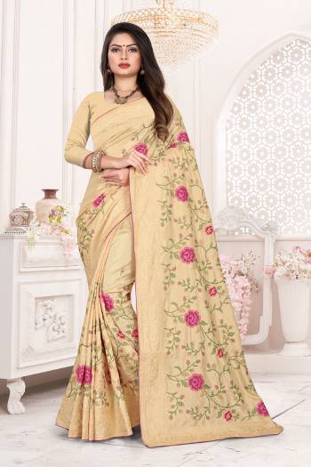 Add This Very Beautiful And Heavy Designer Saree To Your Wardrobe In Cream Color For The Upcoming Wedding And Festive Season. This Saree And Blouse Are Fabricated on Dola Art Silk Detailed Thread Work With Tone To Tone Embroidered Lace Border. Buy Now.
