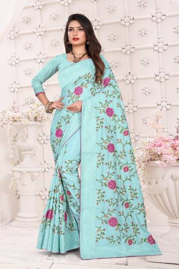 Add This Very Beautiful And Heavy Designer Saree To Your Wardrobe In Sky Blue Color For The Upcoming Wedding And Festive Season. This Saree And Blouse Are Fabricated on Dola Art Silk Detailed Thread Work With Tone To Tone Embroidered Lace Border. Buy Now.