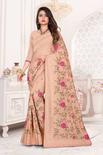 Add This Very Beautiful And Heavy Designer Saree To Your Wardrobe In Peach Color For The Upcoming Wedding And Festive Season. This Saree And Blouse Are Fabricated on Dola Art Silk Detailed Thread Work With Tone To Tone Embroidered Lace Border. Buy Now.