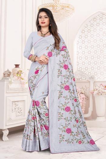 Add This Very Beautiful And Heavy Designer Saree To Your Wardrobe In Grey Color For The Upcoming Wedding And Festive Season. This Saree And Blouse Are Fabricated on Dola Art Silk Detailed Thread Work With Tone To Tone Embroidered Lace Border. Buy Now.